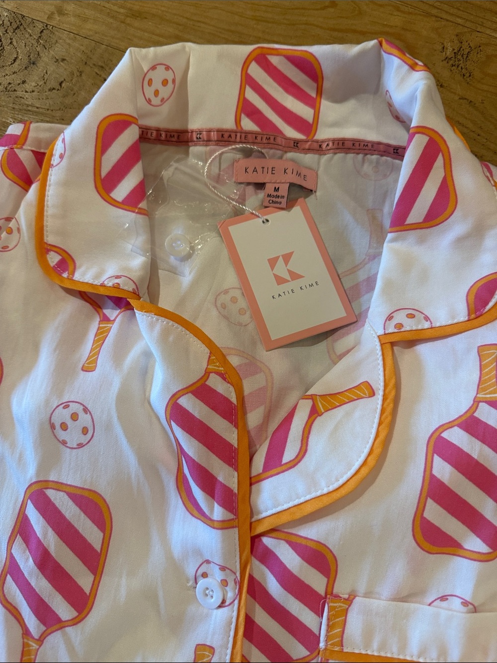 Katie Kime White Pink Orange Pickleball Print Pajama Pants Set